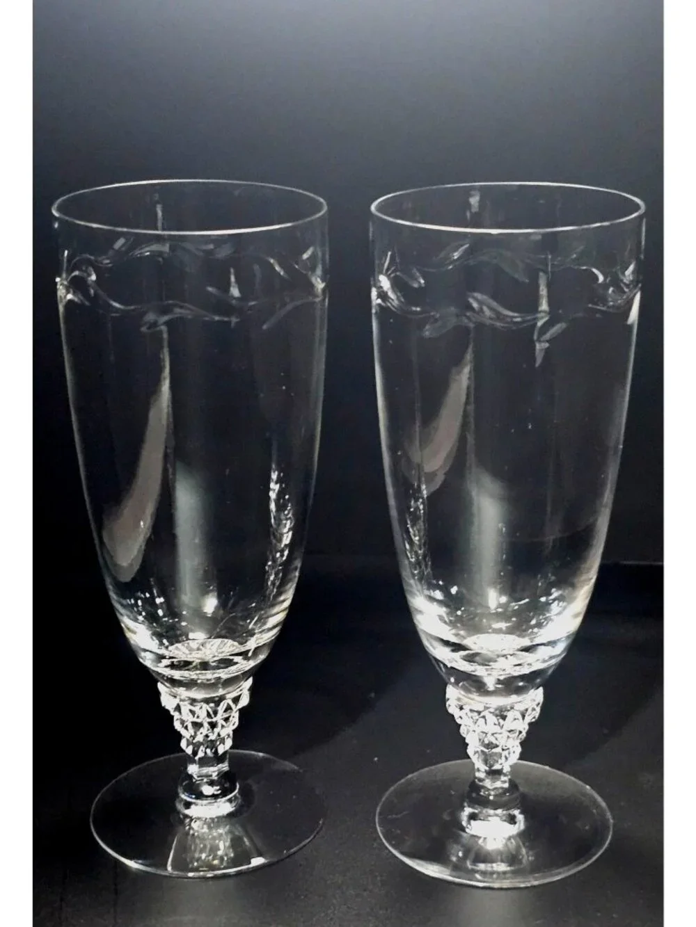 2 Tiffin Franciscan Mimi Ice Tea Glasses cut crystal botanical leaf sculpted